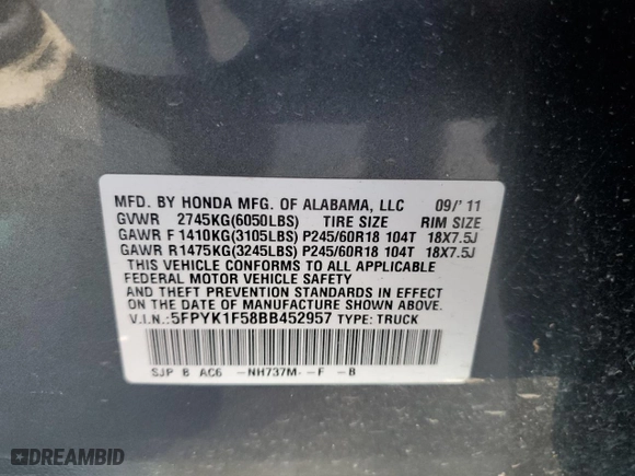 2011 Honda Ridgeline RTL with VIN 5FPYK1F58BB452957, listed as a Copart auction lot 63214204 with 223,311 mi miles and Salvage Title. Bid and sale history available at carsss.com. Image 13.