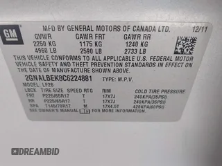 2012 Chevrolet Equinox LS with VIN 2GNALBEK8C6224881, listed as a IAAI auction lot 41894238 with 120,127 mi miles and . Bid and sale history available at DreamBid. Image 9.