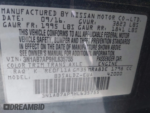 2017 Nissan Sentra SV with VIN 3N1AB7AP9HL635755, listed as a IAAI auction lot 42030651 with 147,418 mi miles and . Bid and sale history available at DreamBid. Image 9.