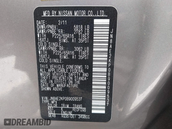 2011 Nissan Quest SL z VIN JN8AE2KP0B9009537, wystawiony jako IAAI lot #42431338 z przebiegiem 162 396 mil mil oraz . Historia ofert i sprzedaży dostępna na DreamBid. Obrazek 9.