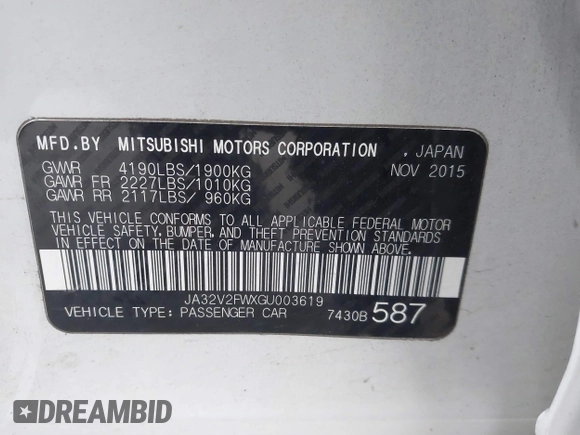 2016 Mitsubishi Lancer SE with VIN JA32V2FWXGU003619, listed as a IAAI auction lot 41041665 with 98,627 mi miles. Bid and sale history available at carsss.com. Image 9.