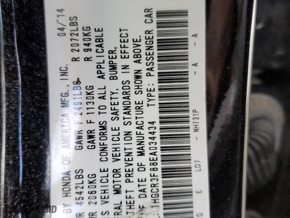 2014 Honda Accord Sedan EX-L with VIN 1HGCR3F88EA034434, listed as a Copart auction lot 75690144 with 135,963 mi miles and Salvage Title. Bid and sale history available at carsss.com. Image 12.