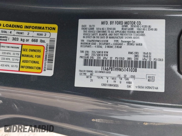 2021 Ford Mustang EcoBoost z VIN 1FA6P8TH9M5141038, wystawiony jako IAAI lot #41965588 z przebiegiem 35 344 mil mil oraz . Historia ofert i sprzedaży dostępna na DreamBid. Obrazek 9.