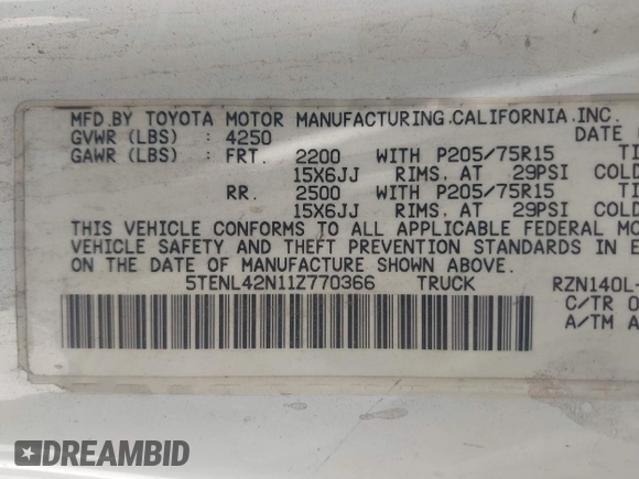 2001 Toyota Tacoma z VIN 5TENL42N11Z770366, wystawiony jako IAAI lot #42339570 z przebiegiem 427 064 mil mil oraz . Historia ofert i sprzedaży dostępna na DreamBid. Obrazek 9.
