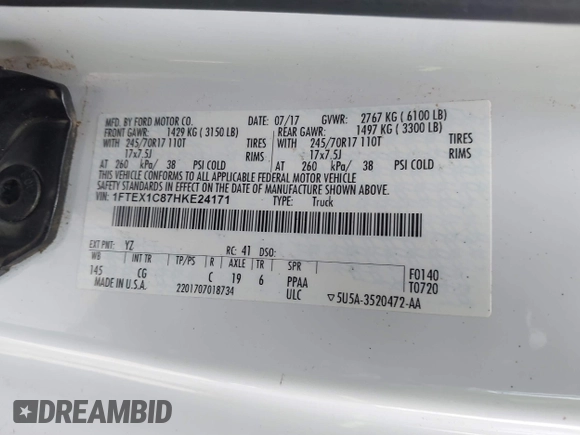 2017 Ford F-150 XL with VIN 1FTEX1C87HKE24171, listed as a IAAI auction lot 41905580 with 54,780 mi miles. Bid and sale history available at carsss.com. Image 9.