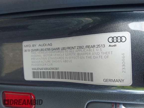 2019 Audi A4 Premium Plus with VIN WAUENAF48KA096381, listed as a IAAI auction lot 41000378 with 66,995 mi miles. Bid and sale history available at carsss.com. Image 9.