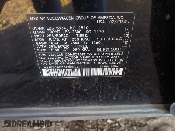 2024 Volkswagen Atlas SE with VIN 1V2JE2CA3RC230888, listed as a IAAI auction lot 42130359 with 17,269 mi miles and . Bid and sale history available at DreamBid. Image 9.