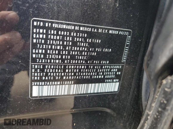 2022 Volkswagen Tiguan SE R-Line Black z VIN 3VV8B7AX9NM118989, wystawiony jako Copart lot #53507765 z przebiegiem 41 852 mil mil oraz Szkoda całkowita • Salvage title. Historia ofert i sprzedaży dostępna na DreamBid. Obrazek 15.