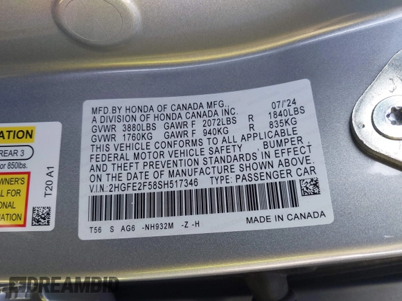 2025 Honda Civic Sedan Sport with VIN 2HGFE2F58SH517346, listed as a IAAI auction lot 42096668 with 3,360 mi miles. Bid and sale history available at carsss.com. Image 9.