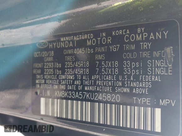 2019 Hyundai Kona Limited with VIN KM8K33A57KU245820, listed as a IAAI auction lot 41875199 with 73,539 mi miles and . Bid and sale history available at carsss.com. Image 9.