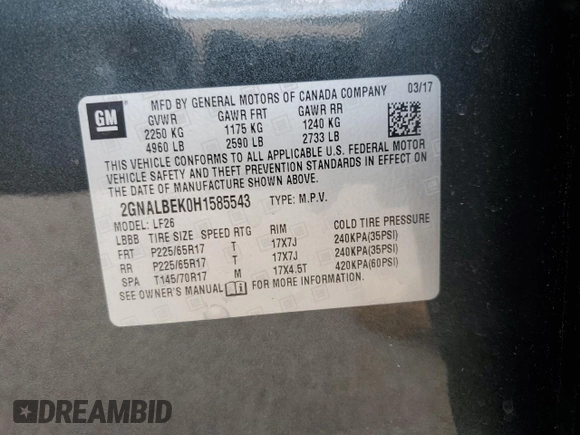 2017 Chevrolet Equinox LS with VIN 2GNALBEK0H1585543, listed as a Copart auction lot 52783925 with 50,560 mi miles and Salvage Title. Bid and sale history available at carsss.com. Image 13.