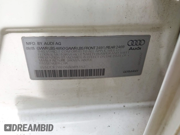 2006 Audi A4 2.0T z VIN WAUDF78E06A089352, wystawiony jako IAAI lot #42126515 z przebiegiem 142 389 mil mil oraz . Historia ofert i sprzedaży dostępna na DreamBid. Obrazek 9.