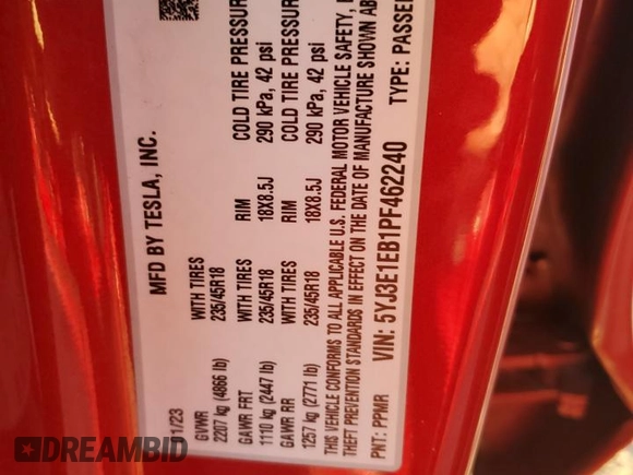 2023 Tesla Model 3 Long Range with VIN 5YJ3E1EB1PF462240, listed as a Copart auction lot 45743405 with 42,635 mi miles and Salvage Title. Bid and sale history available at DreamBid. Image 13.