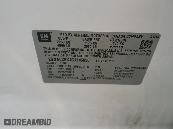 2016 Chevrolet Equinox LT z VIN 2GNALCEK1G1146856, wystawiony jako Copart lot #59472795 z przebiegiem 116 235 mil mil oraz Szkoda całkowita • Salvage title. Historia ofert i sprzedaży dostępna na DreamBid. Obrazek 13.