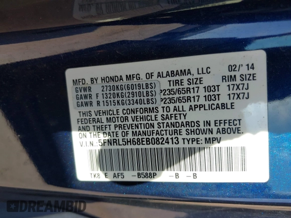 2014 Honda Odyssey EX-L with VIN 5FNRL5H68EB082413, listed as a IAAI auction lot 42860298 with 176,874 mi miles and . Bid and sale history available at DreamBid. Image 9.