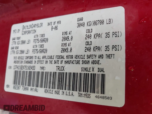 2007 Dodge 1500 Laramie с VIN 1D7HU182X7S102493, выставлен на аукционе IAAI как лот 42176765 с пробегом 178 529 миль миль и . История ставок и продаж доступна на DreamBid. Изображение 9.