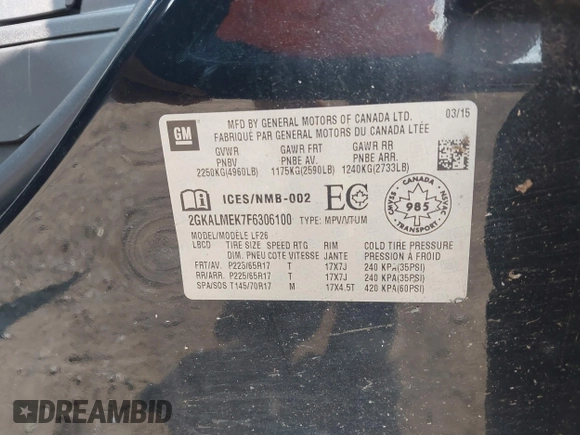 2015 GMC Terrain SLE with VIN 2GKALMEK7F6306100, listed as a IAAI auction lot 42442676 with 127,120 mi miles and . Bid and sale history available at DreamBid. Image 9.