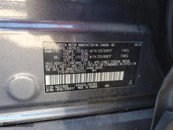 2020 Toyota RAV4 LE with VIN 2T3G1RFV8LC135425, listed as a Copart auction lot 47227025 with 15,817 mi miles and Salvage Title. Bid and sale history available at carsss.com. Image 13.