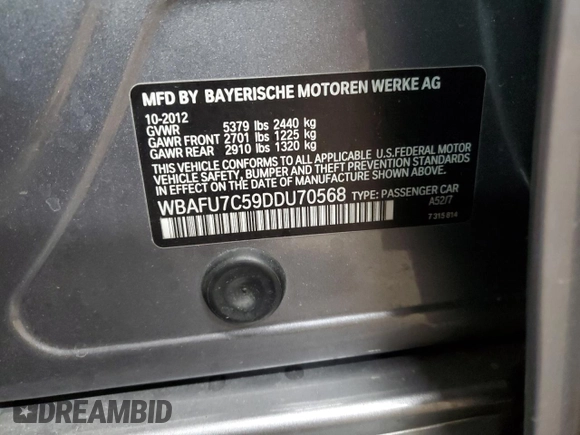 2013 BMW 5 Series 535i xDrive with VIN WBAFU7C59DDU70568, listed as a Copart auction lot 52513685 with 113,253 mi miles and Salvage Title. Bid and sale history available at carsss.com. Image 13.