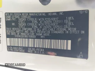 2011 Toyota Sienna XLE AAS with VIN 5TDYK3DC8BS108689, listed as a IAAI auction lot 42308965 with 179,524 mi miles and . Bid and sale history available at DreamBid. Image 9.