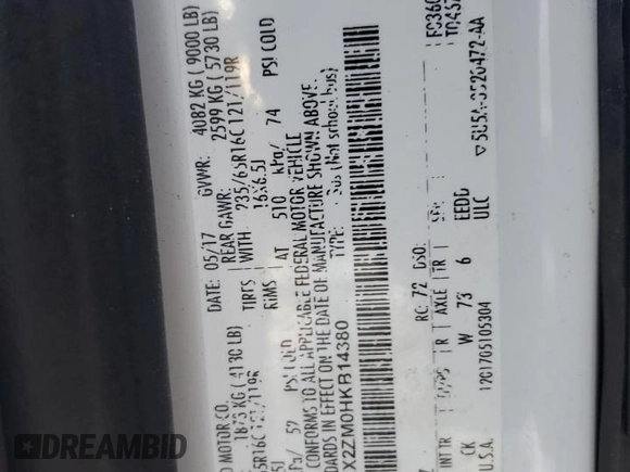 2017 Ford Transit XL with VIN 1FBZX2ZM0HKB14380, listed as a Copart auction lot 47035945 with 203,607 mi miles and Clean title. Bid and sale history available at DreamBid. Image 13.