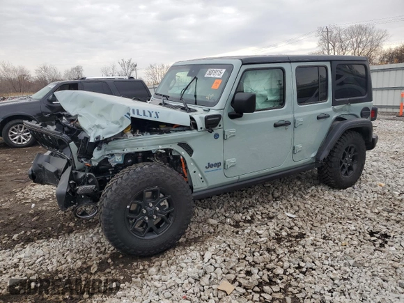 2024 Jeep Wrangler Willys z VIN 1C4RJXN68RW217008, wystawiony jako Copart lot #50819115 z przebiegiem Nie podano mil oraz Szkoda całkowita • Salvage title. Historia ofert i sprzedaży dostępna na DreamBid. Obrazek 1.