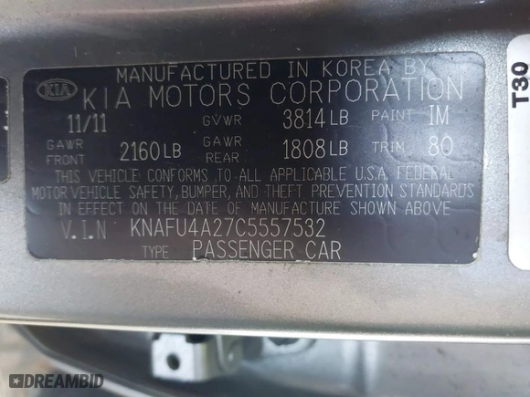 2012 Kia Forte EX with VIN KNAFU4A27C5557532, listed as a IAAI auction lot 41877899 with 77,035 mi miles. Bid and sale history available at carsss.com. Image 9.