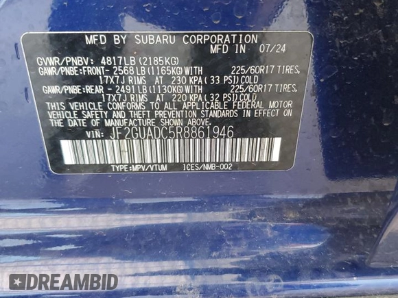 2024 Subaru Crosstrek Premium with VIN JF2GUADC5R8861946, listed as a Copart auction lot 63849085 with 5,224 mi miles and Salvage title. Bid and sale history available at DreamBid. Image 13.