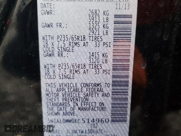 2014 Infiniti QX60 with VIN 5N1AL0MM0EC514960, listed as a Copart auction lot 58670315 with 161,068 mi miles and Salvage title. Bid and sale history available at DreamBid. Image 13.