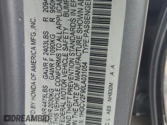 2020 Honda Accord Touring with VIN 1HGCV2F90LA031054, listed as a Copart auction lot 55806185 with 76,678 mi miles and Salvage title. Bid and sale history available at DreamBid. Image 12.