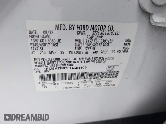 2014 Ford Explorer with VIN 1FM5K7B87EGA54109, listed as a IAAI auction lot 42090288 with 183,085 mi miles and . Bid and sale history available at DreamBid. Image 9.