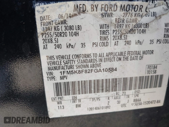 2015 Ford Explorer Limited z VIN 1FM5K8F82FGA10584, wystawiony jako IAAI lot #42203980 z przebiegiem 196 426 mil mil oraz . Historia ofert i sprzedaży dostępna na DreamBid. Obrazek 9.