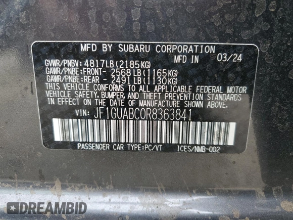 2024 Subaru Impreza with VIN JF1GUABC0R8363841, listed as a Copart auction lot 50471585 with 15,857 mi miles and Salvage Title. Bid and sale history available at carsss.com. Image 13.