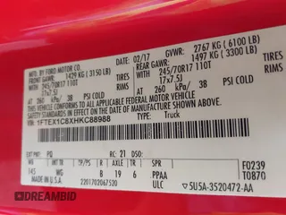 2017 Ford F-150 XL with VIN 1FTEX1C8XHKC88988, listed as a IAAI auction lot 41866592 with 121,709 mi miles. Bid and sale history available at carsss.com. Image 9.