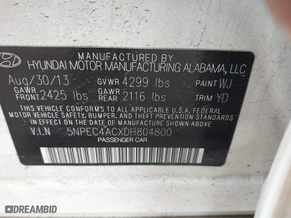 2013 Hyundai Sonata SE with VIN 5NPEC4ACXDH804800, listed as a IAAI auction lot 41794683 with 173,804 mi miles. Bid and sale history available at carsss.com. Image 9.