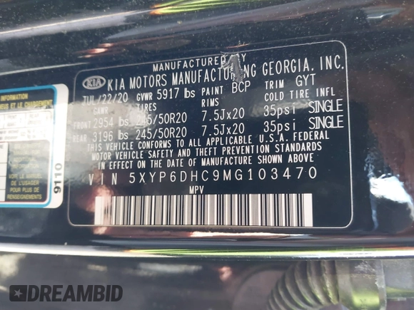 2021 Kia Telluride S with VIN 5XYP6DHC9MG103470, listed as a IAAI auction lot 42073853 with 90,942 mi miles and . Bid and sale history available at DreamBid. Image 9.