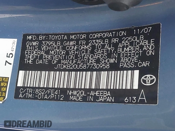 2008 Toyota Prius with VIN JTDKB20U587730958, listed as a IAAI auction lot 41992635 with 267,886 mi miles. Bid and sale history available at carsss.com. Image 9.