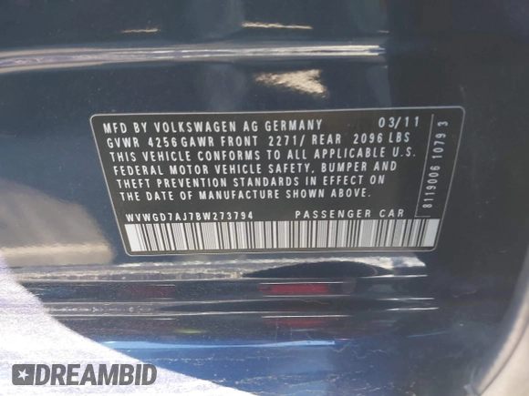 2011 Volkswagen GTI w/Sunroof & Navi PZEV z VIN WVWGD7AJ7BW273794, wystawiony jako IAAI lot #41603135 z przebiegiem 102 535 mil mil oraz . Historia ofert i sprzedaży dostępna na DreamBid. Obrazek 9.