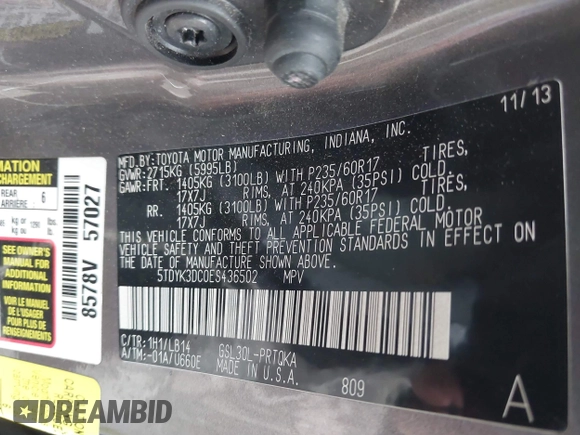 2014 Toyota Sienna XLE with VIN 5TDYK3DC0ES436502, listed as a IAAI auction lot 42180990 with 154,839 mi miles and . Bid and sale history available at DreamBid. Image 9.