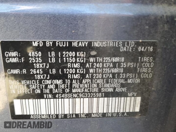 2016 Subaru Outback Limited with VIN 4S4BSENC9G3325981, listed as a Copart auction lot 53129535 with 169,664 mi miles and Salvage title. Bid and sale history available at DreamBid. Image 14.
