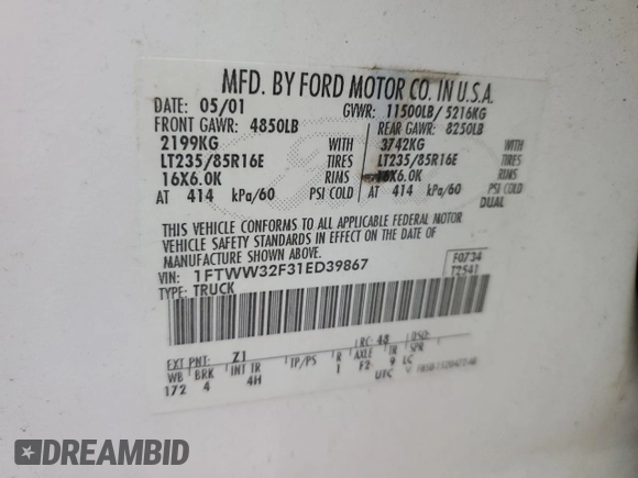 2001 Ford F-350 XL with VIN 1FTWW32F31ED39867, listed as a Copart auction lot 80069644 with 241,113 mi miles and Salvage title. Bid and sale history available at DreamBid. Image 13.