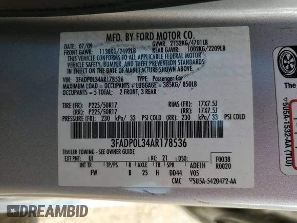 2010 Ford Fusion Hybrid with VIN 3FADP0L34AR178536, listed as a Copart auction lot 59860475 with 227,024 mi miles and Salvage title. Bid and sale history available at DreamBid. Image 12.
