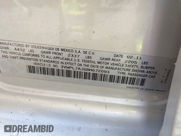 2011 Volkswagen Jetta TDI z VIN 3VWPL7AJ0BM672093, wystawiony jako IAAI lot #41849075 z przebiegiem 205 684 mil mil oraz . Historia ofert i sprzedaży dostępna na DreamBid. Obrazek 9.