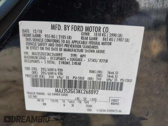 2019 Ford EcoSport SE z VIN MAJ3S2GE3KC268892, wystawiony jako IAAI lot #42029558 z przebiegiem 92 380 mil mil oraz . Historia ofert i sprzedaży dostępna na DreamBid. Obrazek 9.