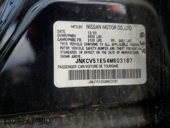 2004 Infiniti G35 w/Leather with VIN JNKCV51E54M603187, listed as a Copart auction lot 49935125 with 152,191 mi miles and Salvage Title. Bid and sale history available at DreamBid. Image 12.
