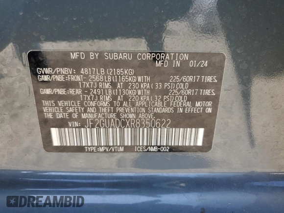 2024 Subaru Crosstrek Premium with VIN JF2GUADCXR8350622, listed as a Copart auction lot 51896525 with 5,450 mi miles and Salvage title. Bid and sale history available at DreamBid. Image 12.