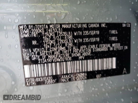 2022 Toyota RAV4 XLE Premium с VIN 2T3A1RFV6NW301836, выставлен на аукционе Copart как лот 58658235 с пробегом 41 495 миль миль и Списание • Salvage title. История ставок и продаж доступна на DreamBid. Изображение 13.