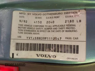 1993 Volvo 900 GLS с VIN YV1JS8839P1112547, выставлен на аукционе IAAI как лот 41296396 с пробегом 217 656 миль миль и . История ставок и продаж доступна на DreamBid. Изображение 9.