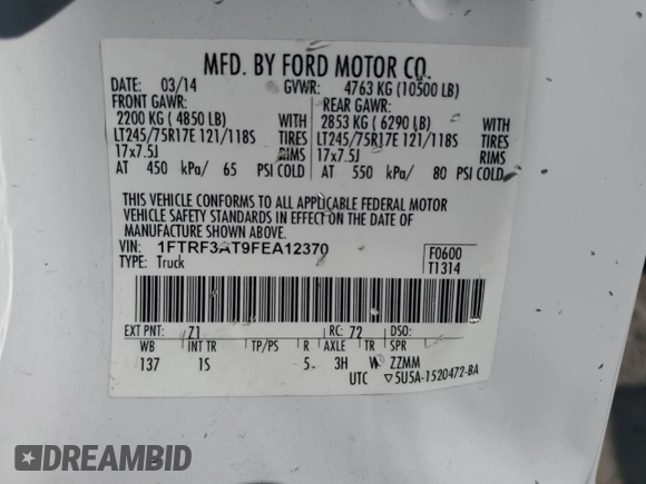 2015 Ford F-350 XL with VIN 1FTRF3AT9FEA12370, listed as a Copart auction lot 68359824 with Not Provided miles and Clean Title. Bid and sale history available at DreamBid. Image 12.