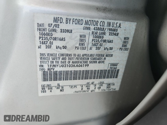 2003 Ford Escape XLT Popular with VIN 1FMYU03103KA06199, listed as a Copart auction lot 58731515 with 181,429 mi miles and Salvage title. Bid and sale history available at DreamBid. Image 13.